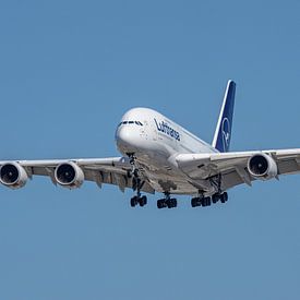 Landende Lufthansa Airbus A380-800 passagiersvliegtuig. van Jaap van den Berg