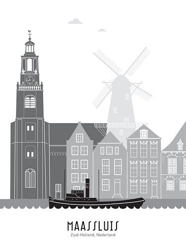 Skyline illustration Maassluis in black-and-white-grey by Mevrouw Emmer