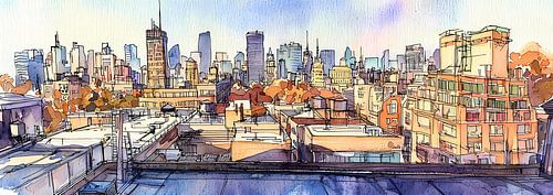 Aquarel panorama uit een schetsalbum,