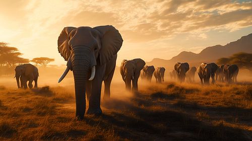 Majestic Elephant Herd at Sunset