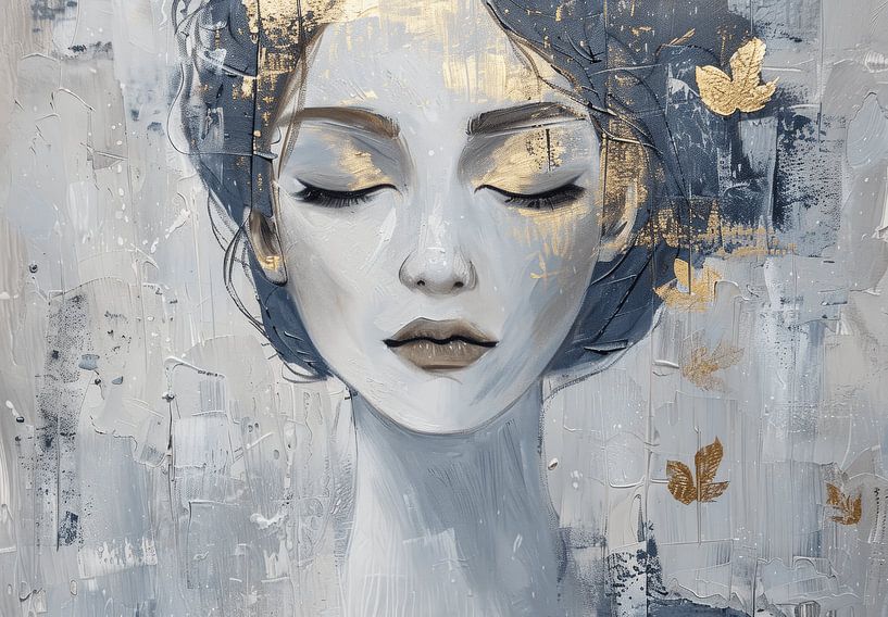 Modern portret in blauw met gouden accenten van Carla Van Iersel
