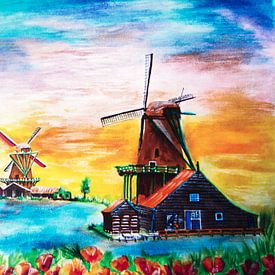 Les 3 moulins à vent de Zaandijk avec des tulipes colorées sur Maria Lakenman
