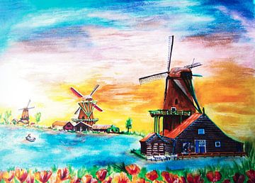 Die 3 Windmühlen Zaandijk mit bunten Tulpen von Maria Lakenman