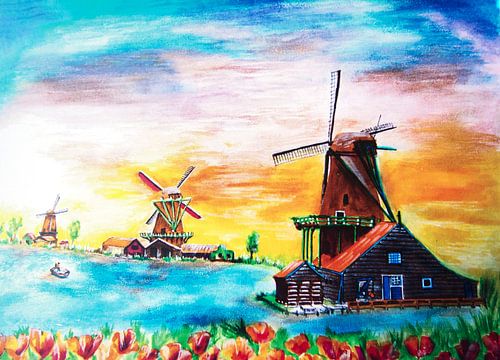 Die 3 Windmühlen Zaandijk mit bunten Tulpen