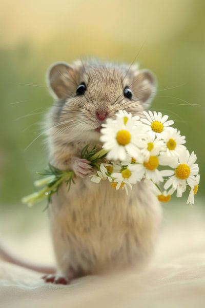 A cute mouse with a bouquet of flowers by Poster Art Shop