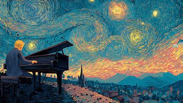 Pianiste solitaire sous une nuit étoilée sur Aden Pink Studio