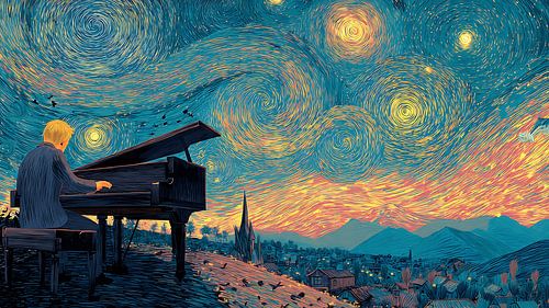 Eenzame pianist onder een sterrenhemel
