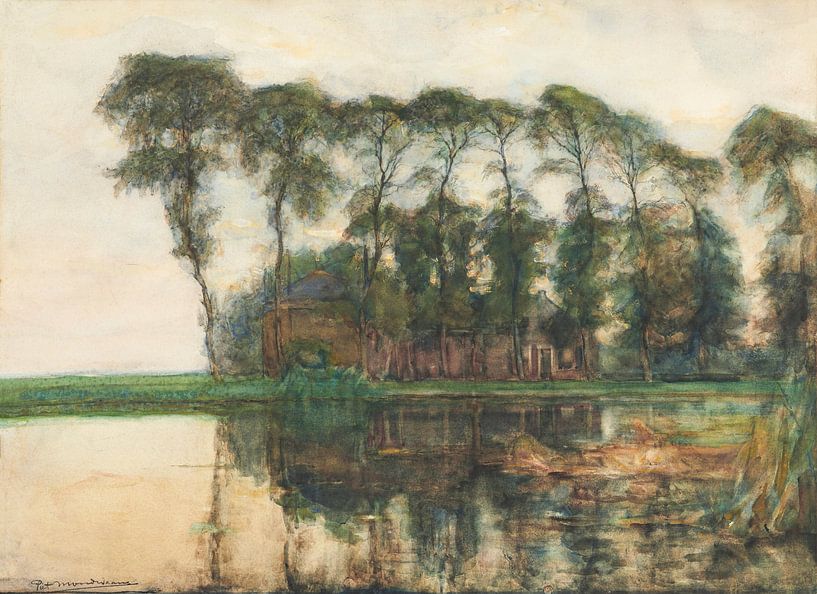 Bauernhof am Wasser, abgeschirmt durch neun hohe Bäume, Piet Mondriaan von Meisterhafte Meister