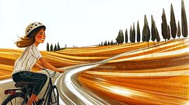 Radfahrerin in der toskanischen Landschaft