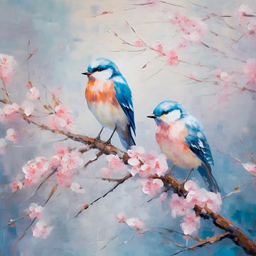 Two birds on a cherry blossom branch by vanMuis