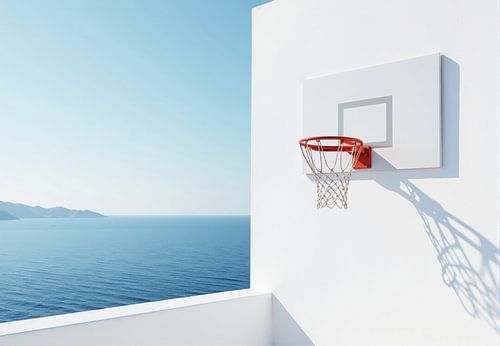 Basketball Hoop on White Wall with Ocean View
