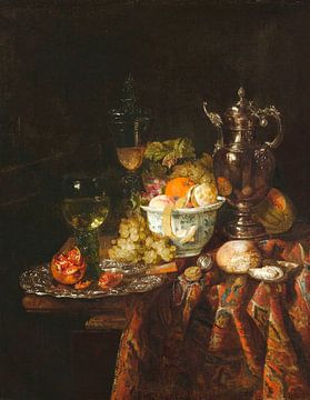 Stilleven met metalen wijnkan, glazen beker en deksel, Roemer, vruchten en horloge, Abraham van Beij