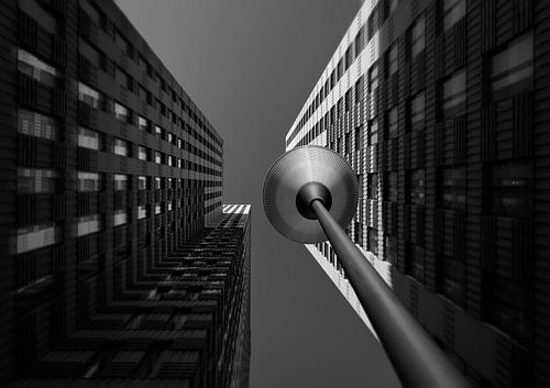 Architectuur Zuidas Amsterdam met straatverlichting