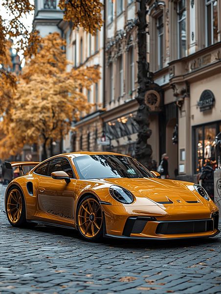Porsche 911 orange in der Stadt von Bianca Bakkenist