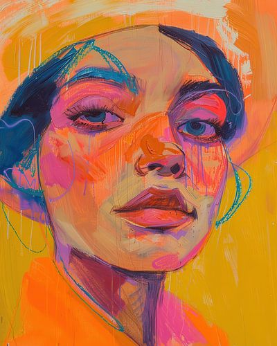 Portrait d'une femme au néon sur fond jaune