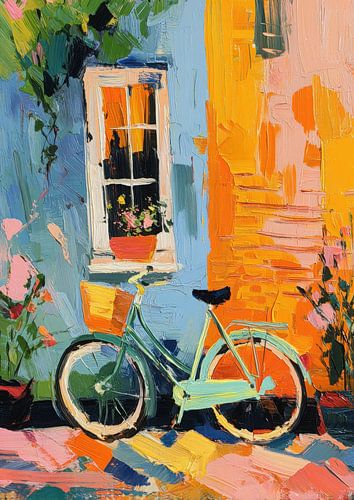 Kleurrijke fiets op oranje muur