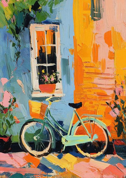 Buntes Fahrrad an orangener Wand von Niklas Maximilian