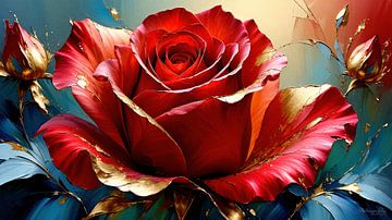 Rote Rose aufgeblüht am Stiel mit Knospen, Blättern und Gold als florales Kunstwerk in Nahaufnahme von AidasignArt