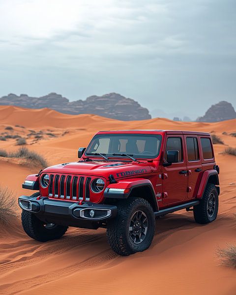 Roter Jeep Wrangler bei Sonnenuntergang in den Dünen von Lufy