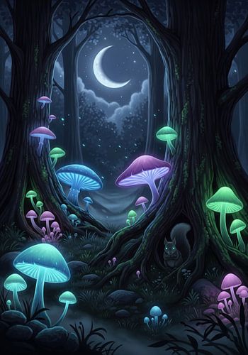 Gloeiende paddenstoelen in een bos bij nacht met halve maan en Sq