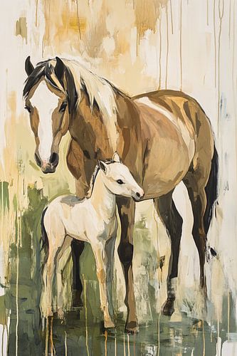 Merrie beschermt haar jonge veulen