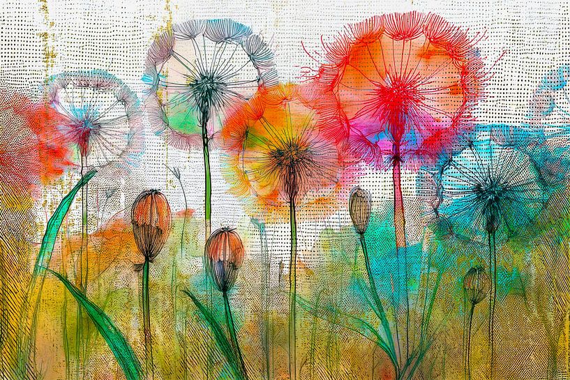 Colourful Dandelion field - abstract dandelions by Studio Pieternel