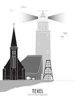 Skyline-Illustration für die Insel Texel schwarz-weiß