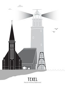 Skyline illustratie waddeneiland Texel zwart-wit-grijs van Mevrouw Emmer