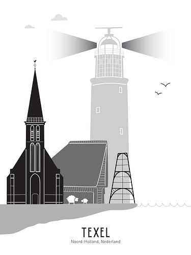 Skyline illustration wadden island Texel black-white-grey