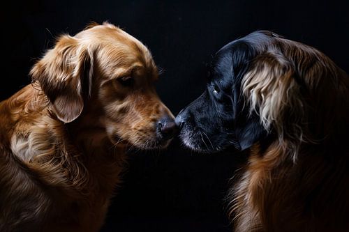 Twee honden raken elkaar met de neus