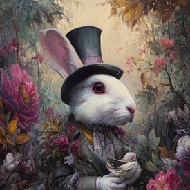 Magisches Kaninchen mit Zylinderhut in einem Meer aus Blumen von But First Framing