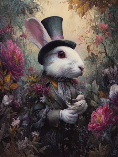 Magisches Kaninchen mit Zylinderhut in einem Meer aus Blumen von But First Framing