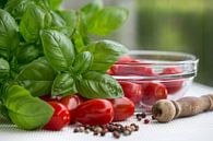 Fresh tomatoes, basil and pepper by Martina Weidner thumbnail
