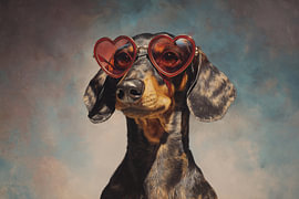 Dackel mit herzförmiger Sonnenbrille