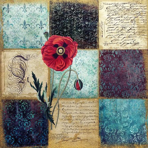 Vintage damasten patchwork collage met klaprozen en ephemera