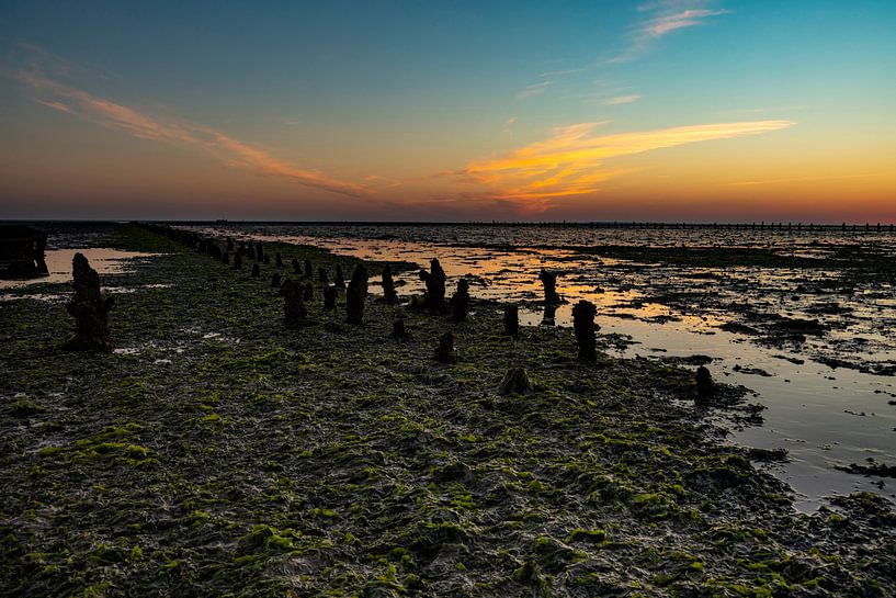 Wadden Sea, sunrise at Paesens Moddergat (Shipwreck of Wierum) by Gert Hilbink