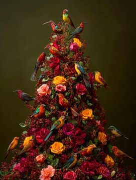 Arbre de Noël fleuri rempli d'oiseaux colorés