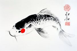 Koi fish in black and white with red accents by Poster Art Shop