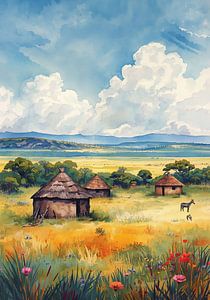 Landschaftsgemälde eines afrikanischen Dorfes