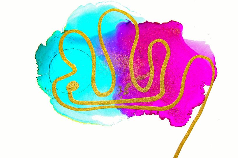 Golden lines in turquoise and pink by Joke Gorter