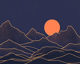 Berglandschaft mit orangefarbener Sonne – Minimalistische Strichzeichnung von Eva Lee