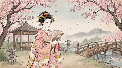 Elegant Geisha With Folding Fan Beneath Cherry Blossoms