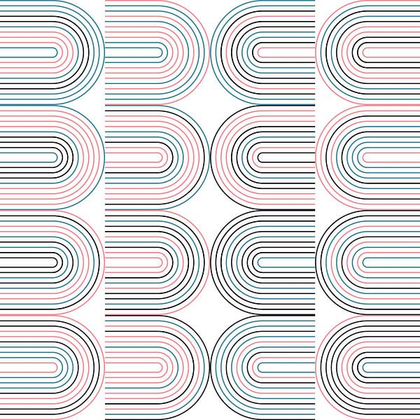 Retro industriële geometrie met lijnen in pastelkleuren nr. 17 in roze, blauw, zwart van Dina Dankers