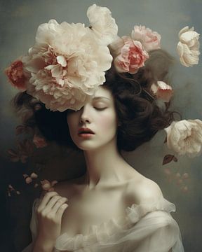 Poëtisch portret van een vrouw met roze bloemen van Carla Van Iersel
