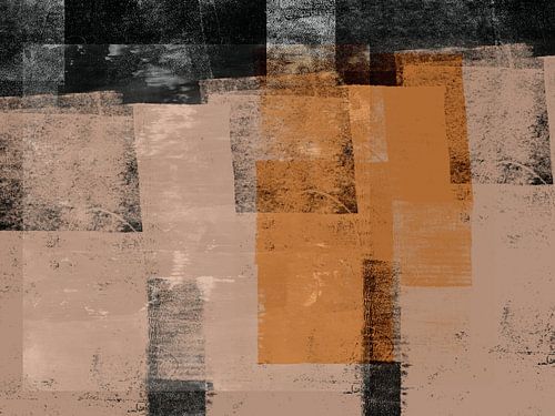 Stadslandschap. Moderne abstracte kunst in oker, zwart, warm beige.
