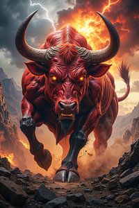 Dark Fantasy Wandbild: VORAXON - Der wilde rote Stier im Amoklauf