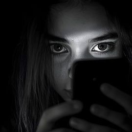 Portrait d'une jeune femme avec un téléphone portable, noir et blanc sur Jan Bechtum