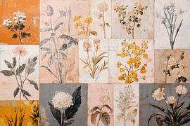 Botanische Kunstcollage in sanften Farbtönen