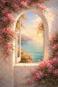 Mediterranean Arched Window Art - Pink Bougainvillea Flower Canvas - Romantic Pastel Seascape Print by adib maula