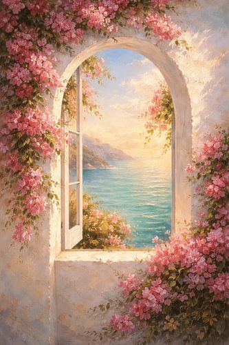 Art méditerranéen avec fenêtre cintrée - Toile représentant une fleur de bougainvillier rose - Impression romantique représentant un paysage marin aux couleurs pastel